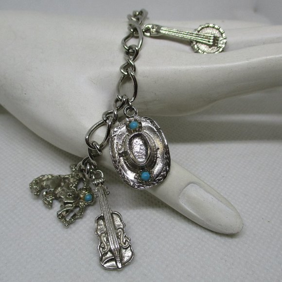 WESTERN CHARM BRACELETS Southwestern Silver Tone Charm Bracelet Turquoise Caboch - Picture 9 of 12